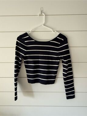 Zara Navy and White Striped Long-Sleeve Boat Neck Low Back Nautical Coastal M